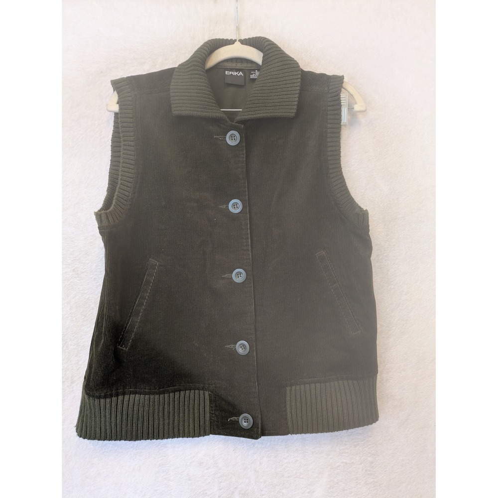 Erika Corduroy Vest Women's Small Dark Green Ribbed Trim Button Front Pocketed